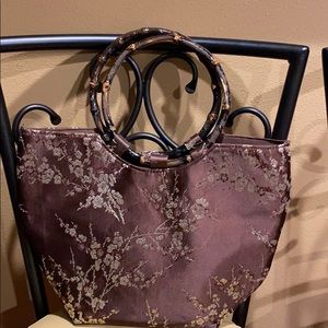 Satin oriental flower brown handbag